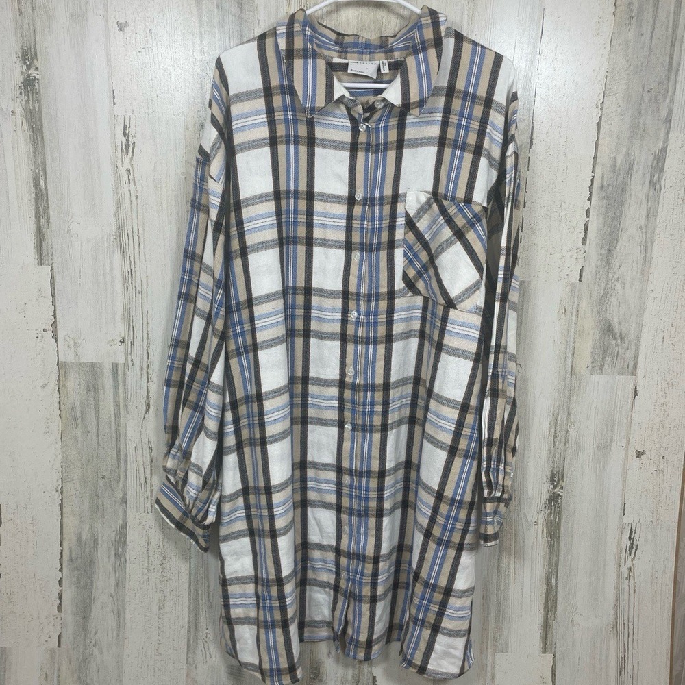 ASOS Curve Oversized Mini Shirt Dress sz 16 NWT Cream Plaid Flannel Long Sleeve